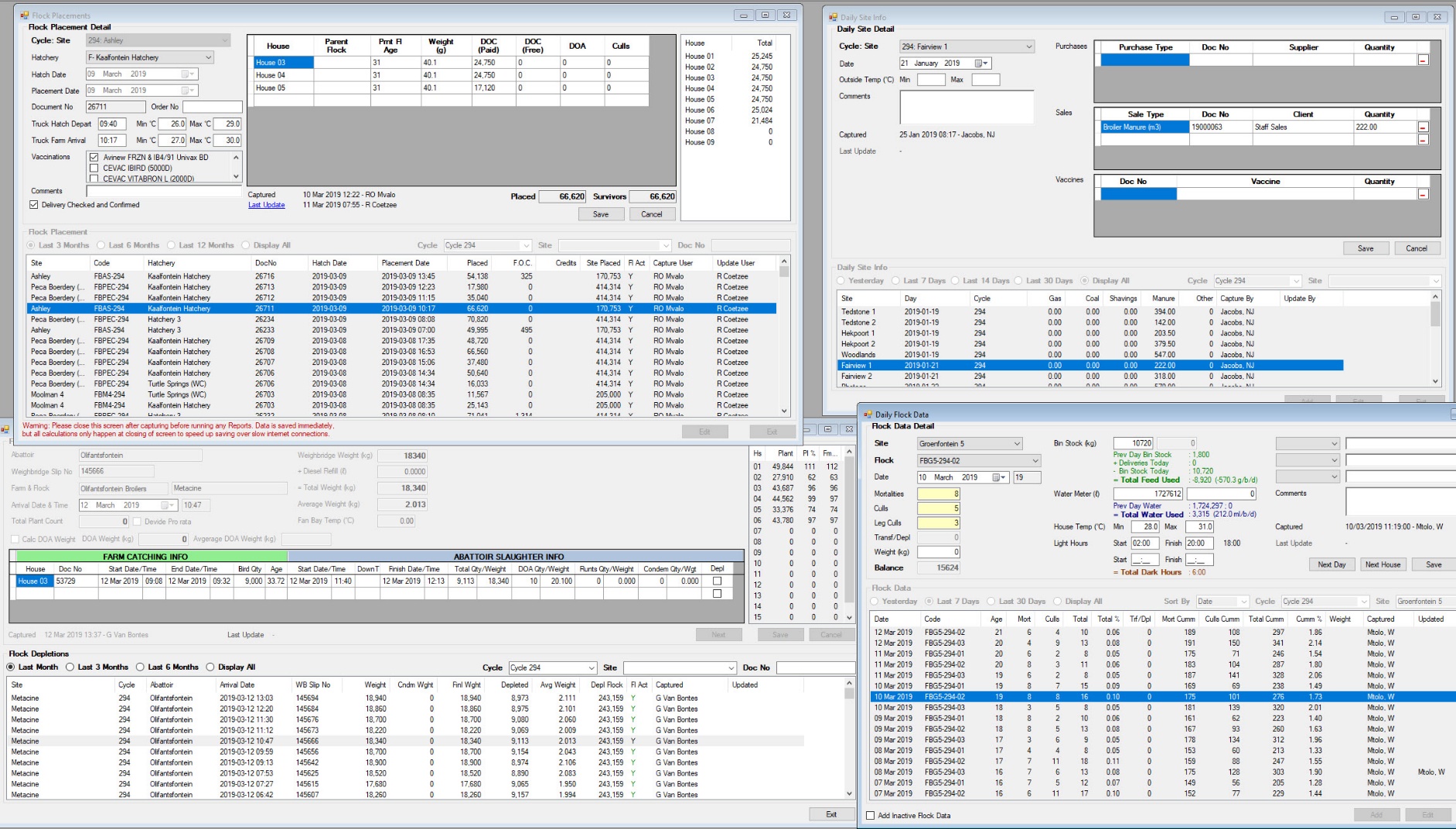 Ornithon multi-screen data capture — Flock Placements, Daily Site Info, and Farm Summary